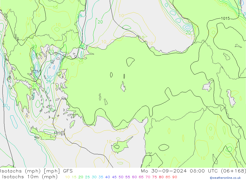 Isotachs (mph) GFS Mo 30.09.2024 06 UTC