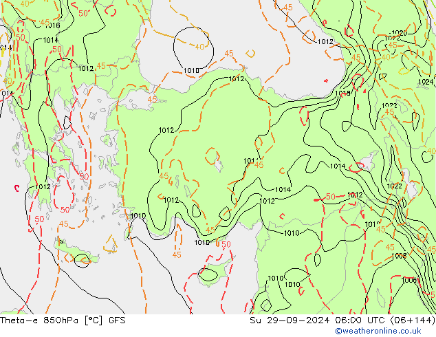 Theta-e 850hPa GFS zo 29.09.2024 06 UTC