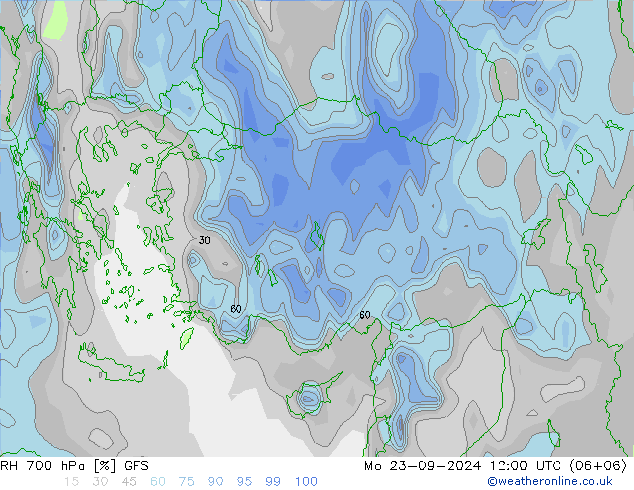 RH 700 hPa GFS lun 23.09.2024 12 UTC