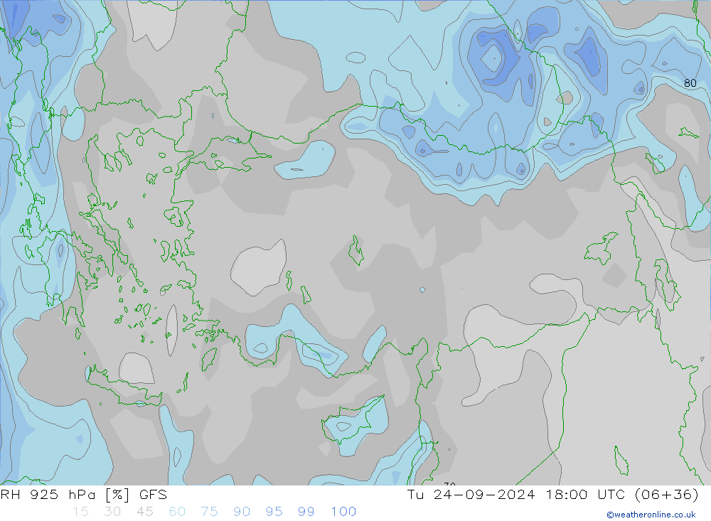 RH 925 hPa GFS Tu 24.09.2024 18 UTC