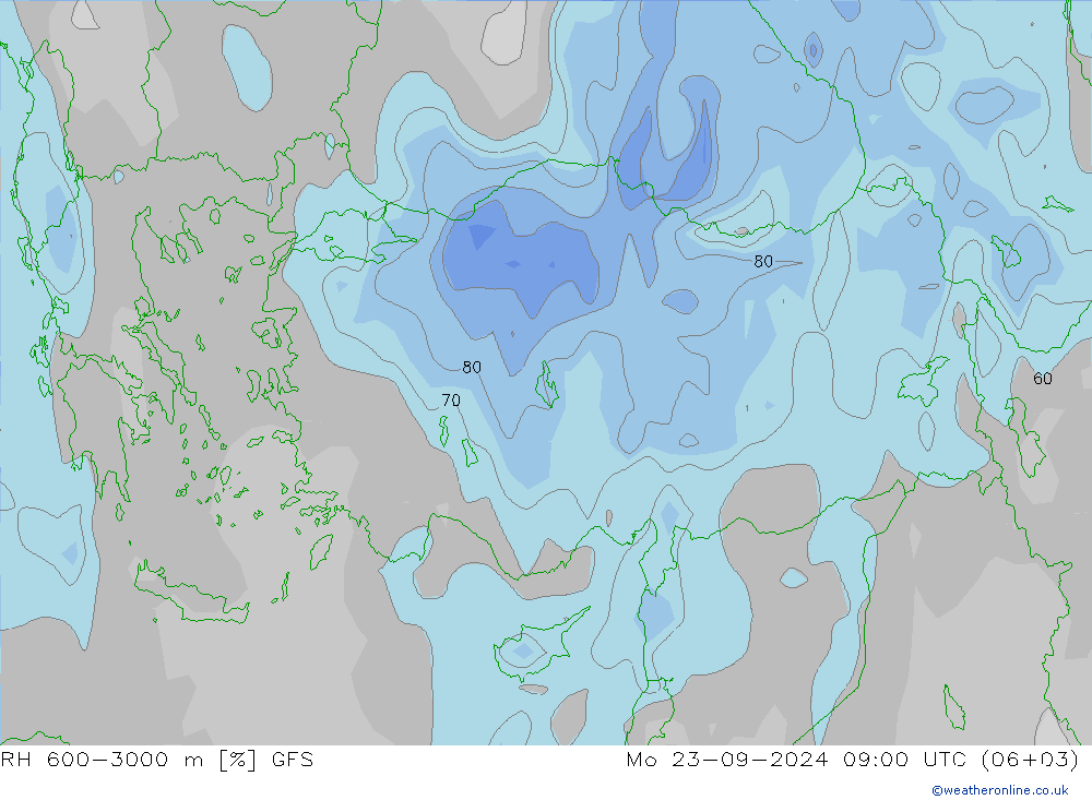 RH 600-3000 m GFS Po 23.09.2024 09 UTC