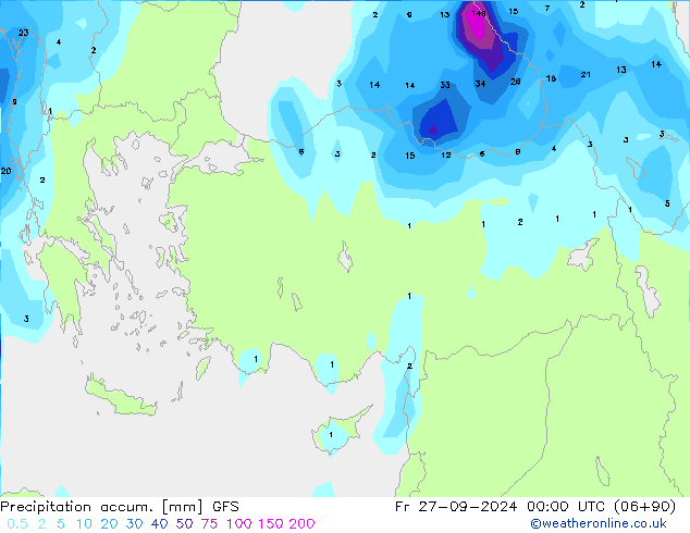 Precipitation accum. GFS Pá 27.09.2024 00 UTC