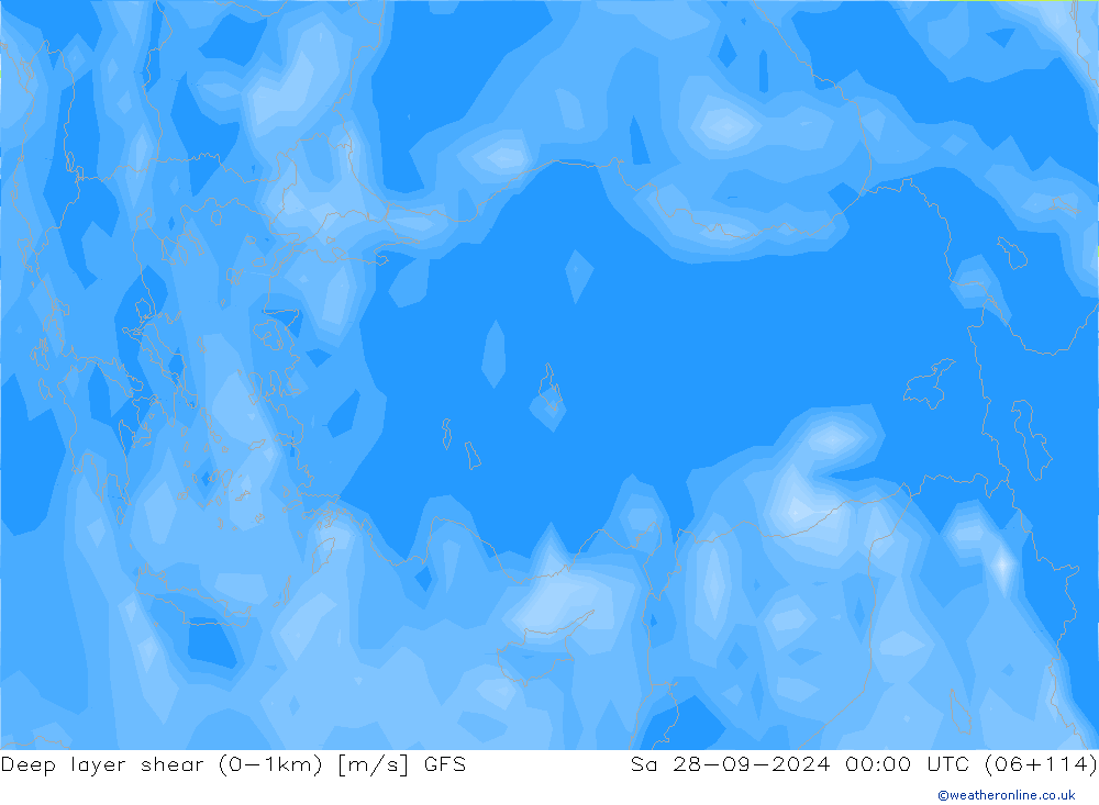 Deep layer shear (0-1km) GFS So 28.09.2024 00 UTC