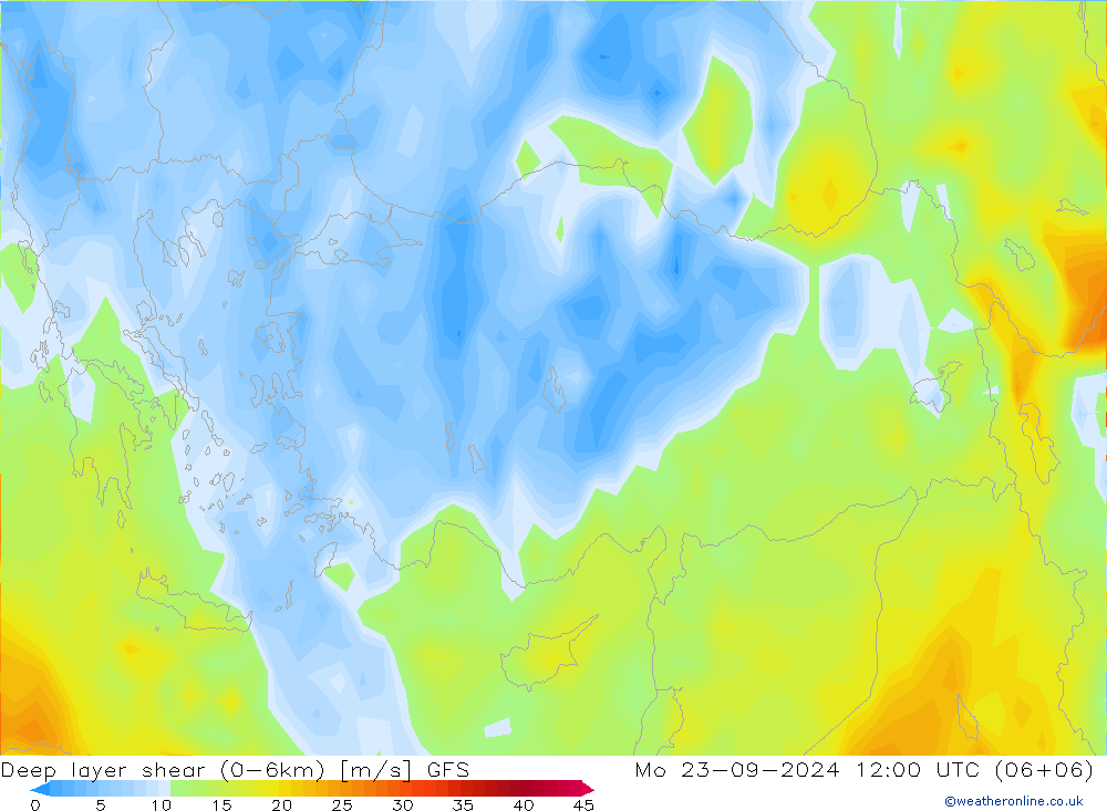 Deep layer shear (0-6km) GFS Mo 23.09.2024 12 UTC