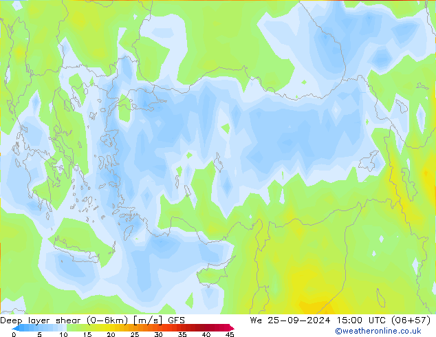 Deep layer shear (0-6km) GFS  25.09.2024 15 UTC