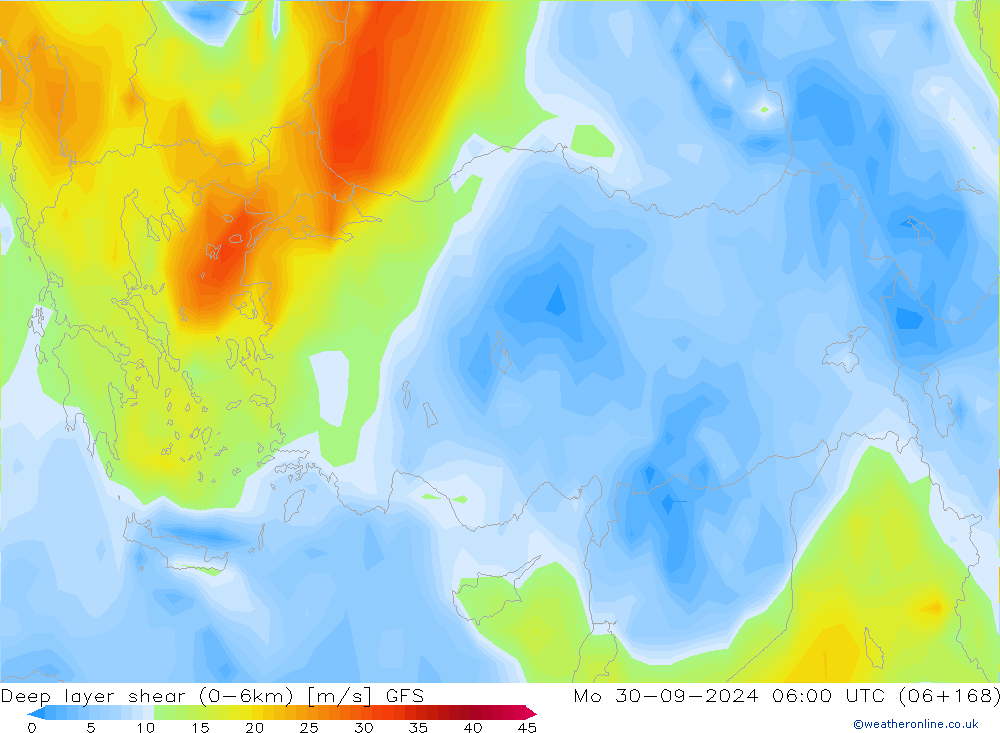 Deep layer shear (0-6km) GFS пн 30.09.2024 06 UTC