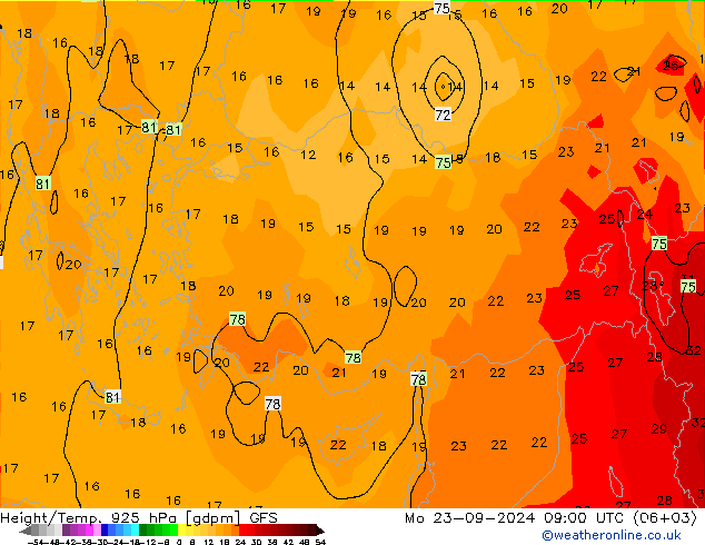 Yükseklik/Sıc. 925 hPa GFS Pzt 23.09.2024 09 UTC