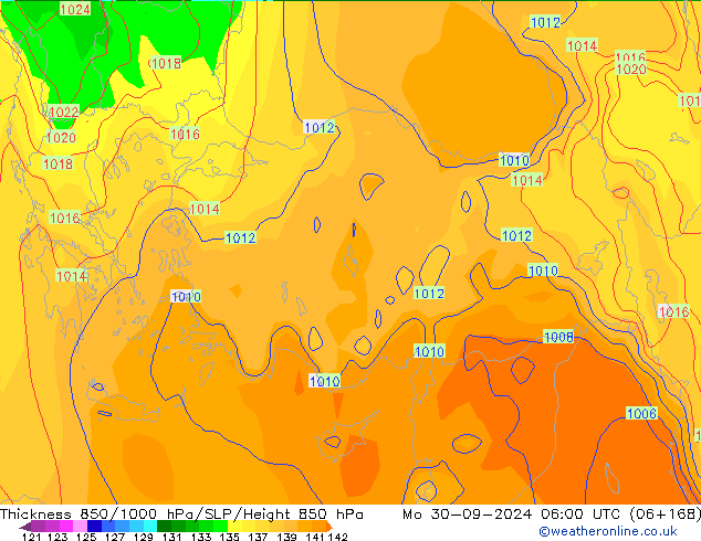 Thck 850-1000 гПа GFS пн 30.09.2024 06 UTC