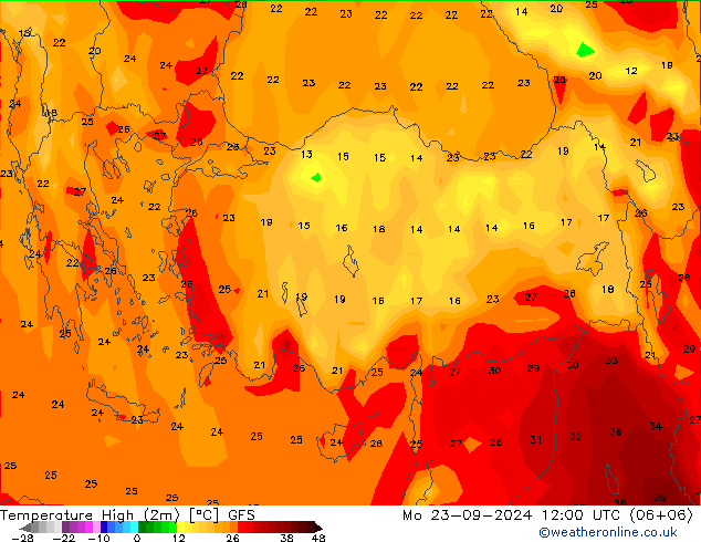 température 2m max GFS lun 23.09.2024 12 UTC