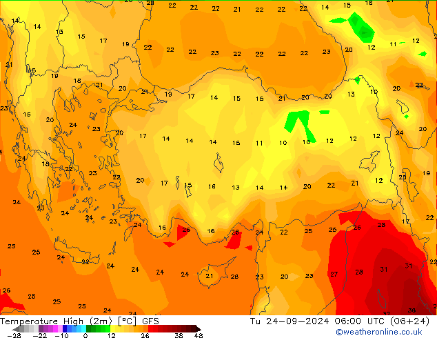 Temperature High (2m) GFS Tu 24.09.2024 06 UTC