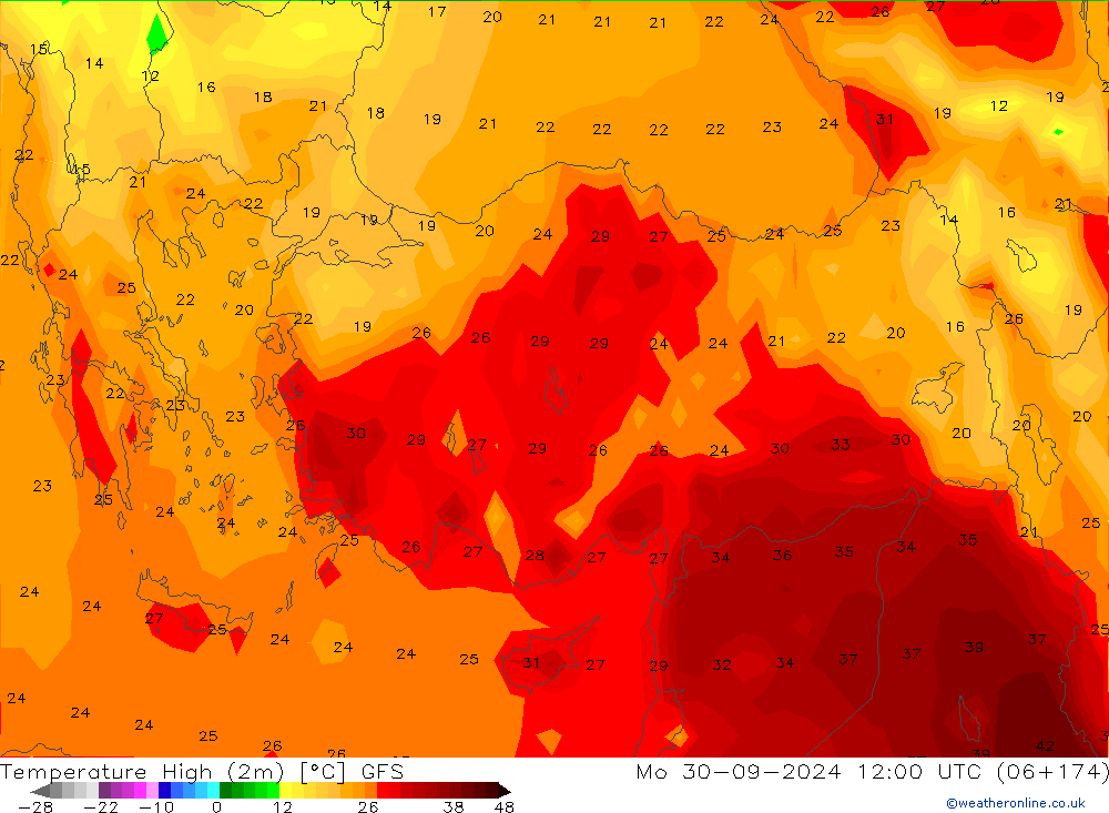 Temp. massima (2m) GFS lun 30.09.2024 12 UTC