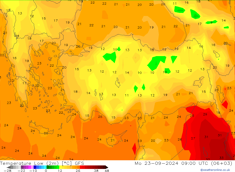 Temperature Low (2m) GFS Mo 23.09.2024 09 UTC