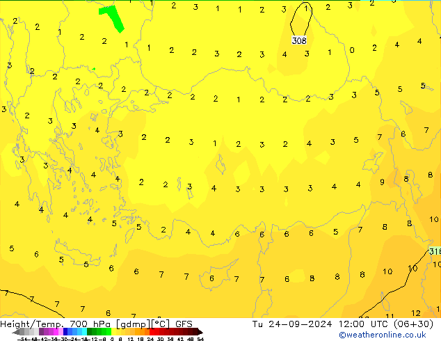 Height/Temp. 700 hPa GFS Út 24.09.2024 12 UTC