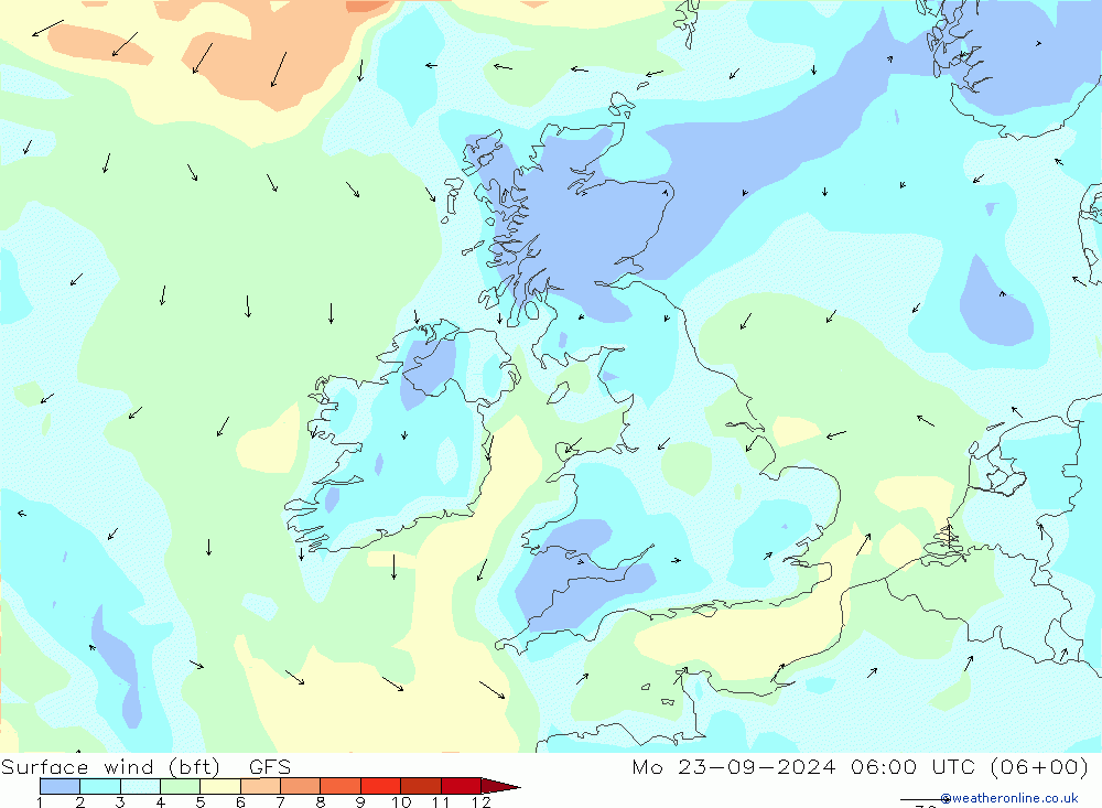 Surface wind (bft) GFS Mo 23.09.2024 06 UTC