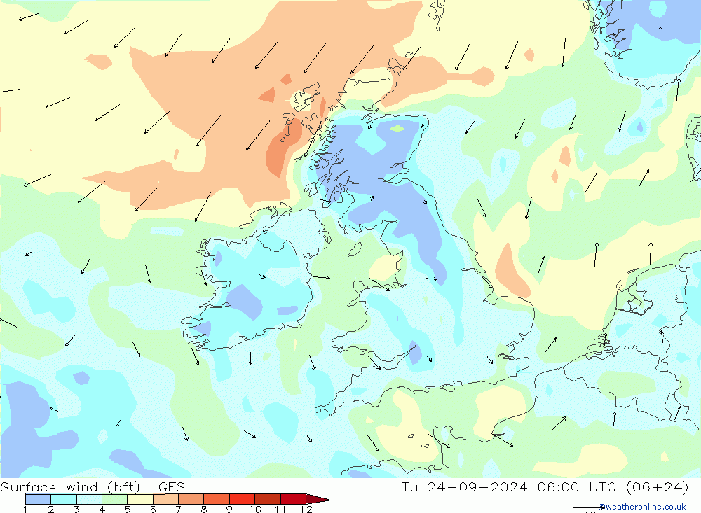 Surface wind (bft) GFS Út 24.09.2024 06 UTC