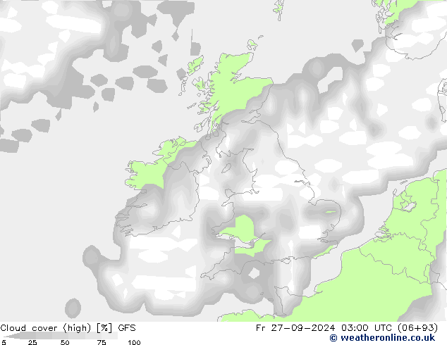 Cloud cover (high) GFS Fr 27.09.2024 03 UTC