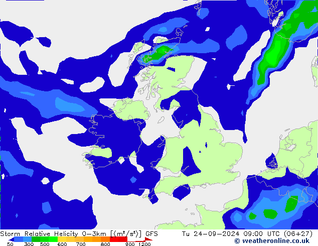 Storm Relative Helicity GFS Di 24.09.2024 09 UTC