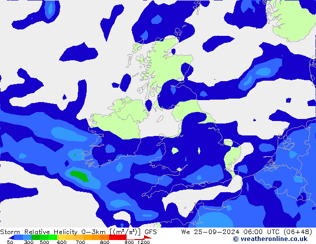 Storm Relative Helicity GFS mer 25.09.2024 06 UTC