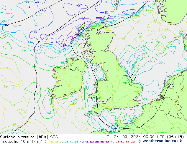 Isotachs (kph) GFS Tu 24.09.2024 00 UTC