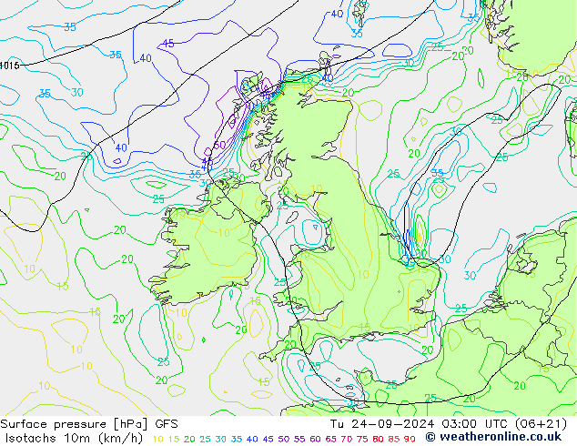 Isotachs (kph) GFS Tu 24.09.2024 03 UTC