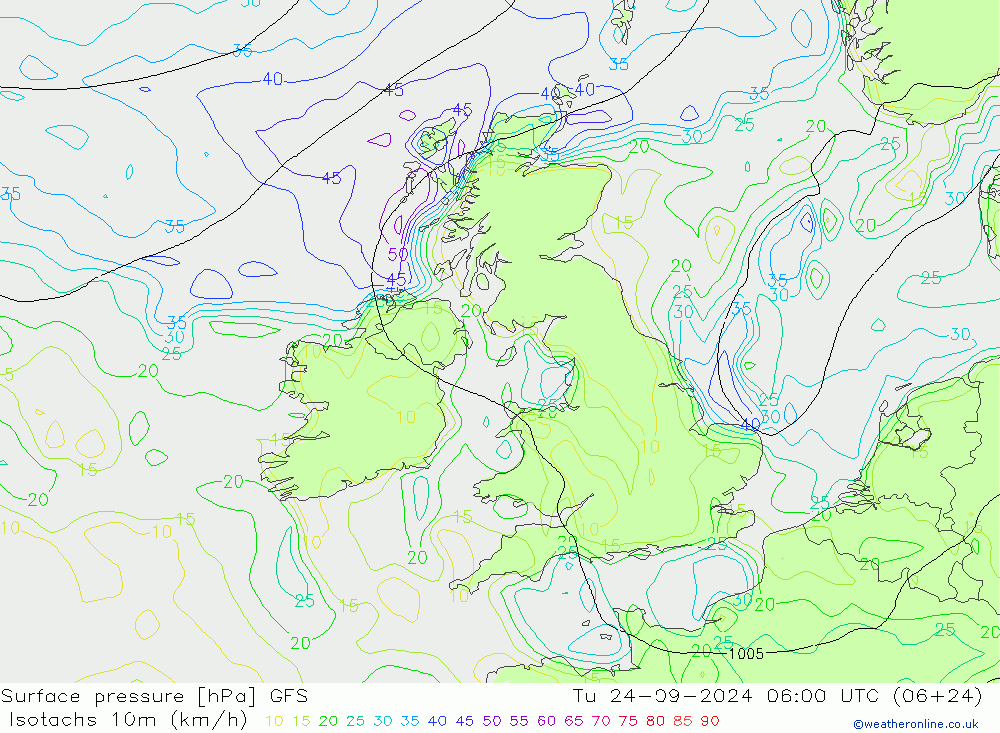 Eşrüzgar Hızları (km/sa) GFS Sa 24.09.2024 06 UTC