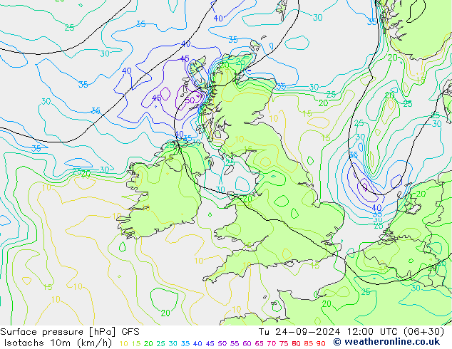 Isotachs (kph) GFS Tu 24.09.2024 12 UTC