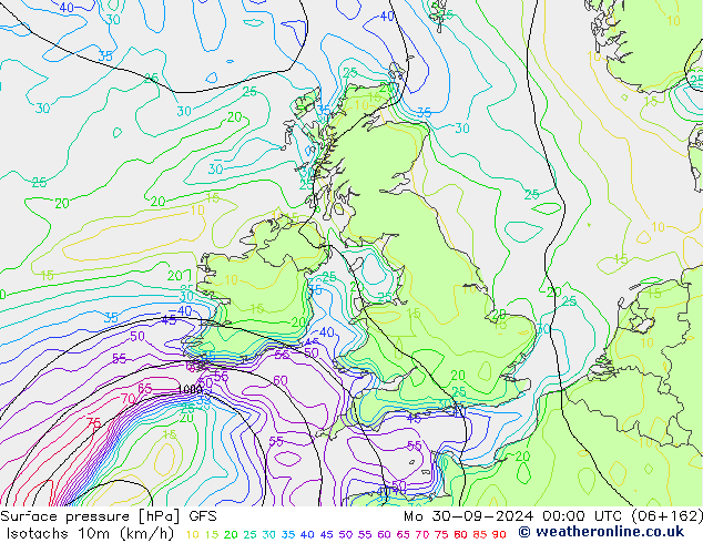 Isotachs (kph) GFS Seg 30.09.2024 00 UTC