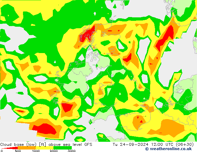 Cloud base (low) GFS Út 24.09.2024 12 UTC