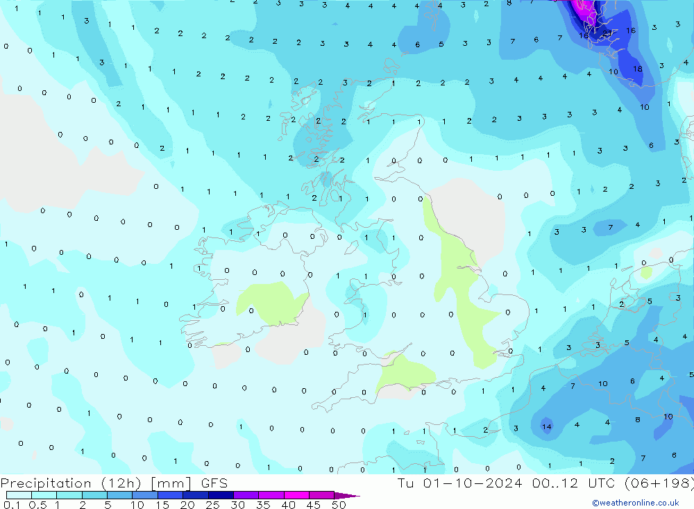 Precipitation (12h) GFS Tu 01.10.2024 12 UTC