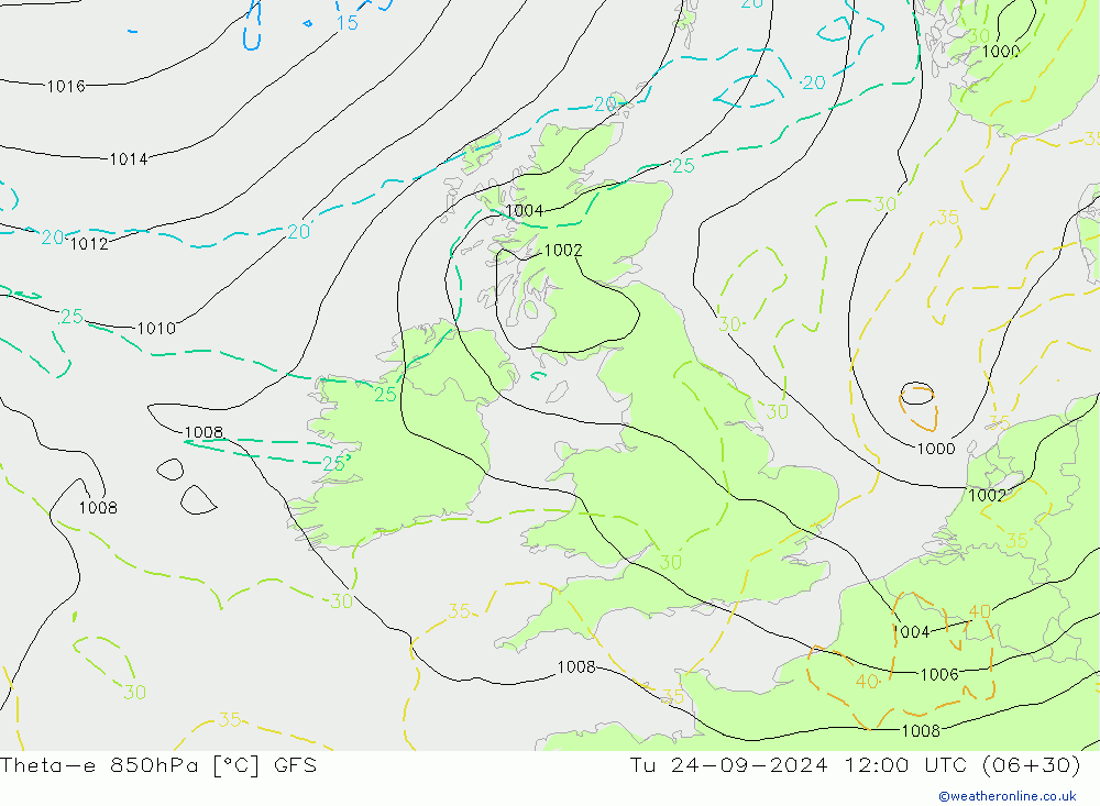 Theta-e 850hPa GFS Tu 24.09.2024 12 UTC