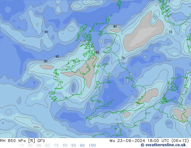 Humidité rel. 850 hPa GFS lun 23.09.2024 18 UTC