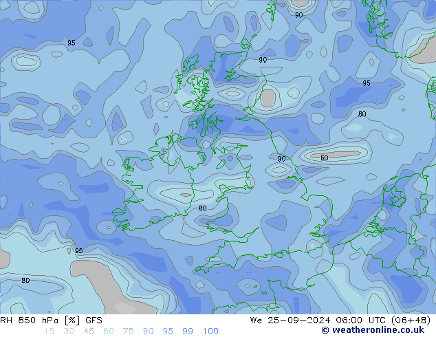 RH 850 гПа GFS ср 25.09.2024 06 UTC