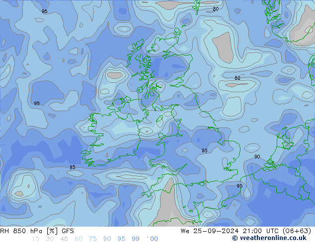 RH 850 hPa GFS We 25.09.2024 21 UTC