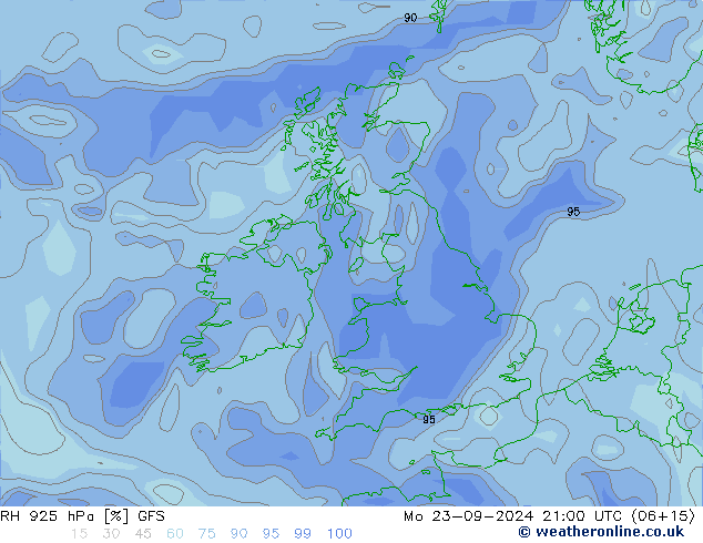 RH 925 гПа GFS пн 23.09.2024 21 UTC