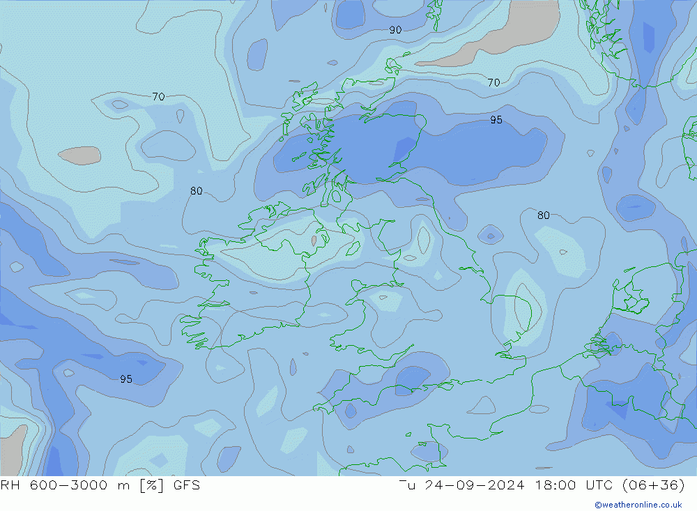 RH 600-3000 m GFS Tu 24.09.2024 18 UTC