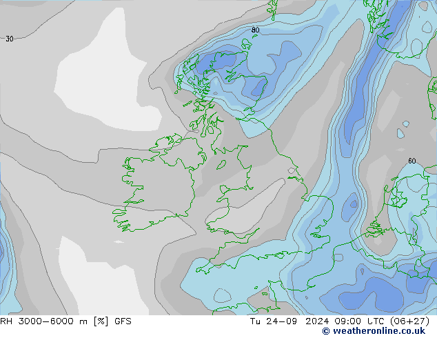 RH 3000-6000 m GFS Tu 24.09.2024 09 UTC