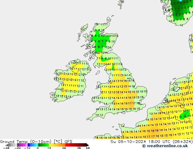 Ground Temp (0-10cm) GFS Su 06.10.2024 18 UTC