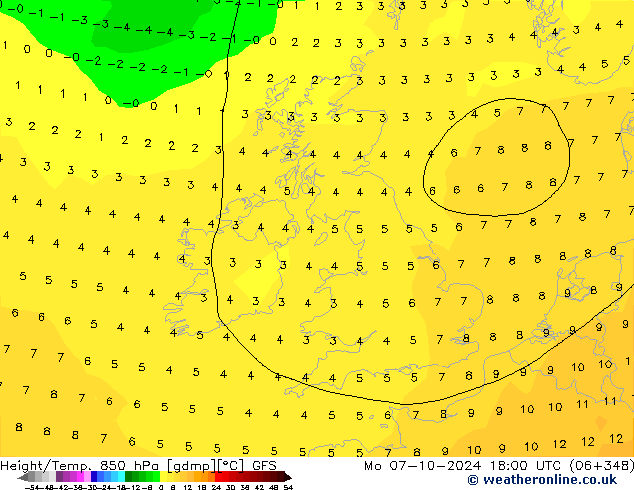 Yükseklik/Sıc. 850 hPa GFS Pzt 07.10.2024 18 UTC