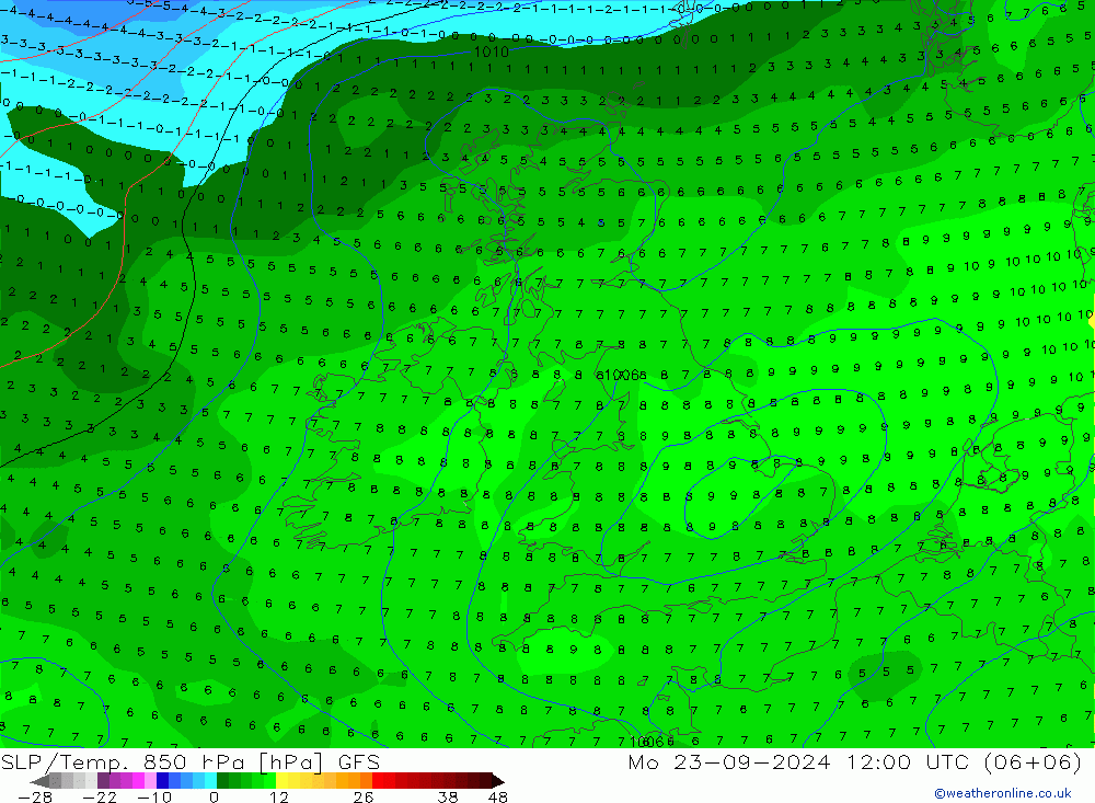 SLP/Temp. 850 hPa GFS lun 23.09.2024 12 UTC