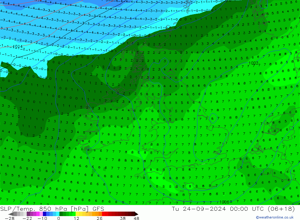 SLP/Temp. 850 hPa GFS Tu 24.09.2024 00 UTC