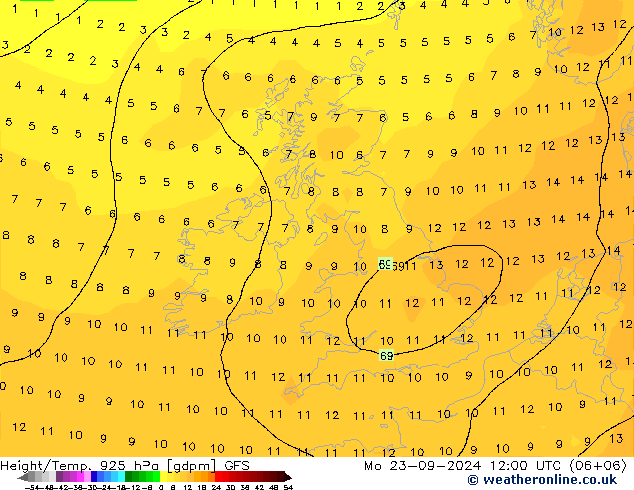 Height/Temp. 925 hPa GFS pon. 23.09.2024 12 UTC