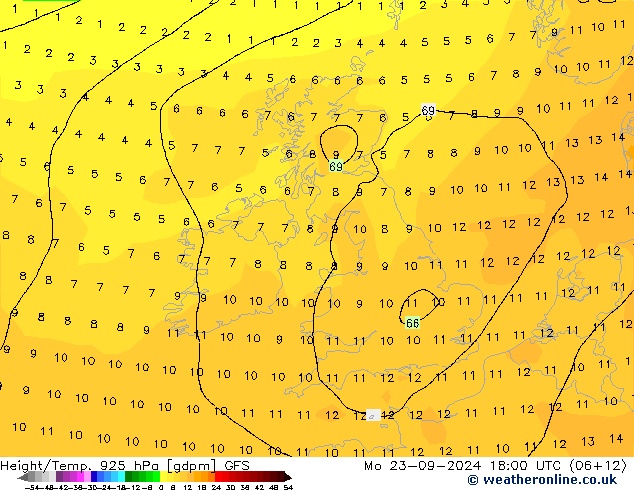 Height/Temp. 925 hPa GFS Mo 23.09.2024 18 UTC