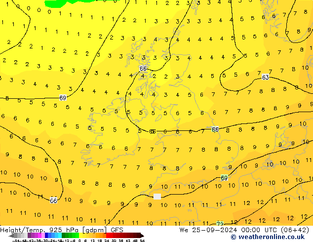 Height/Temp. 925 hPa GFS We 25.09.2024 00 UTC