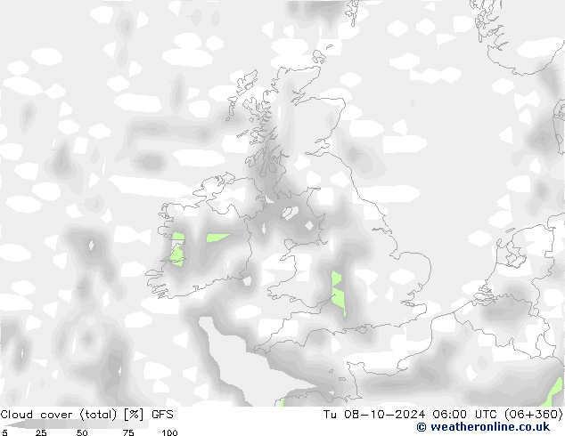 Cloud cover (total) GFS Tu 08.10.2024 06 UTC