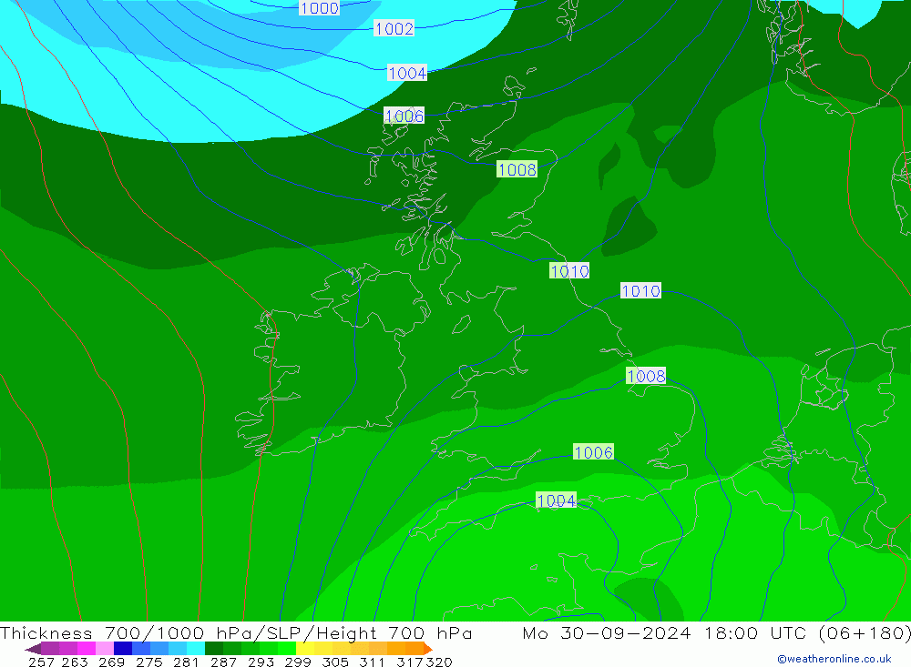 Thck 700-1000 hPa GFS  30.09.2024 18 UTC