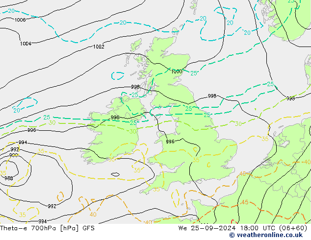 Theta-e 700hPa GFS mer 25.09.2024 18 UTC