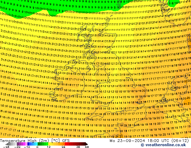 Temperature High (2m) GFS Mo 23.09.2024 18 UTC