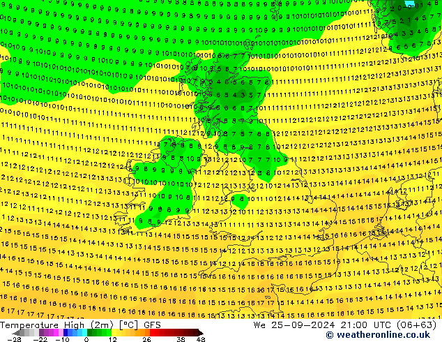 Temperature High (2m) GFS We 25.09.2024 21 UTC