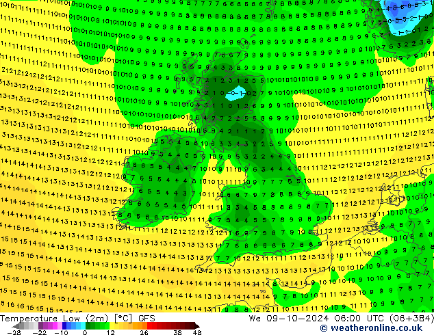 Temp. minima (2m) GFS mer 09.10.2024 06 UTC