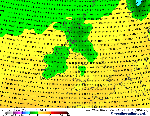 Temperatura (2m) GFS mer 25.09.2024 21 UTC